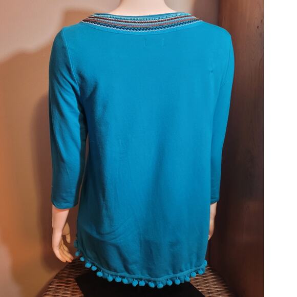 Crown & Ivy Turquoise Beaded Embroidered Blouse - Small Pom-Pom Hems Unique - Picture 3 of 9